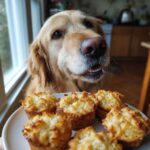 Golden Retriever dog looking at a plate of Chicken & Rice Mini Muffins. Recipe for Dogs.