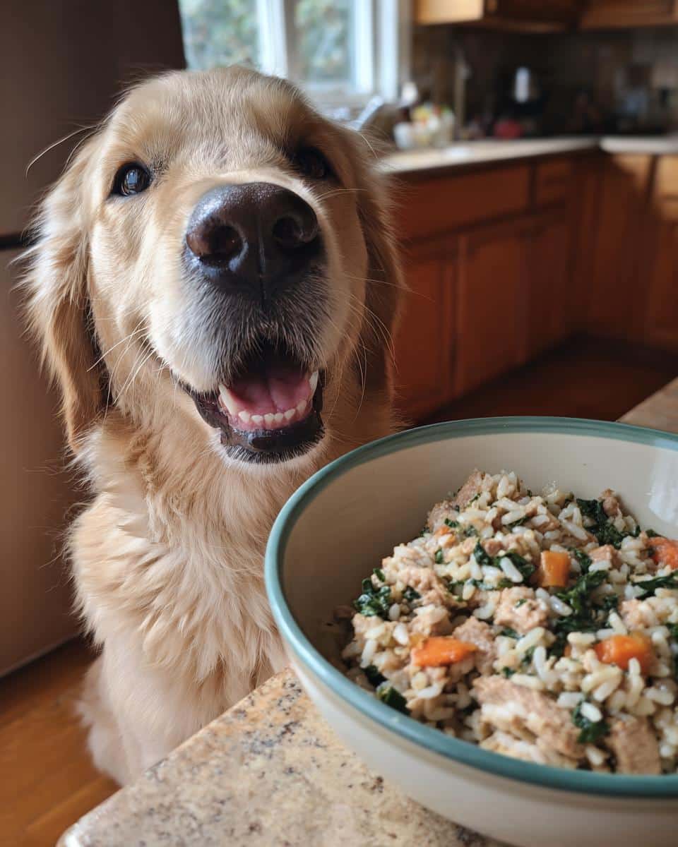 Golden Retriever dog eagerly awaits a bowl of Chicken & Spinach Healthy Dog Food.