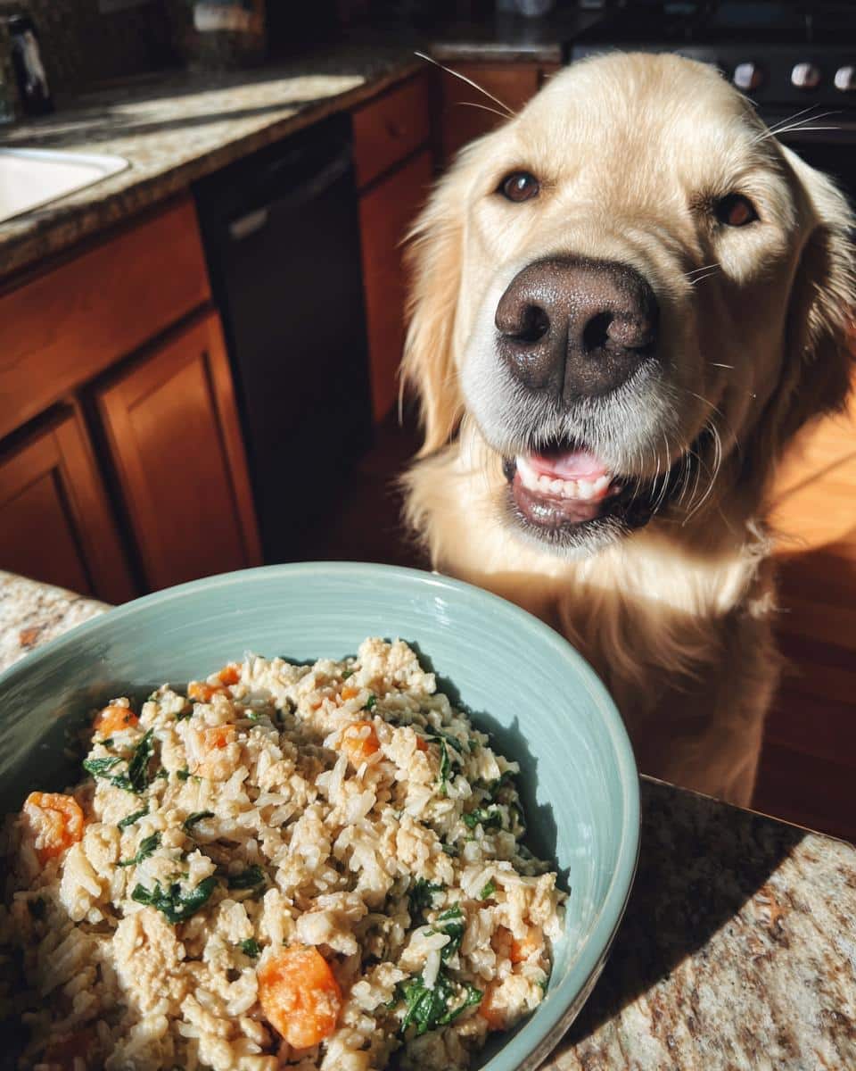Golden Retriever dog looking at a bowl of Chicken & Spinach Healthy Dog Food. Happy and healthy!