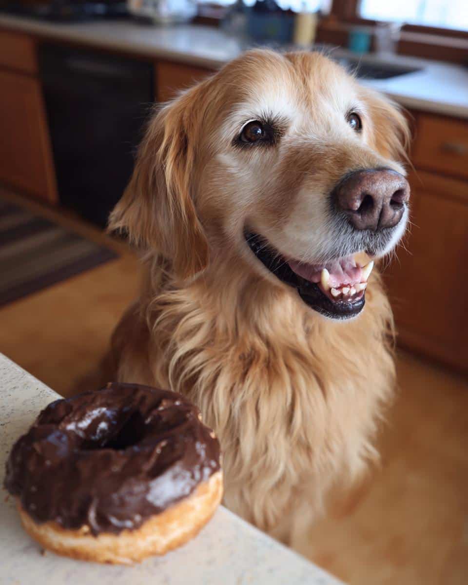 Golden retriever looking eagerly at a chocolate Dog Donuts treat, ready for a bite.
