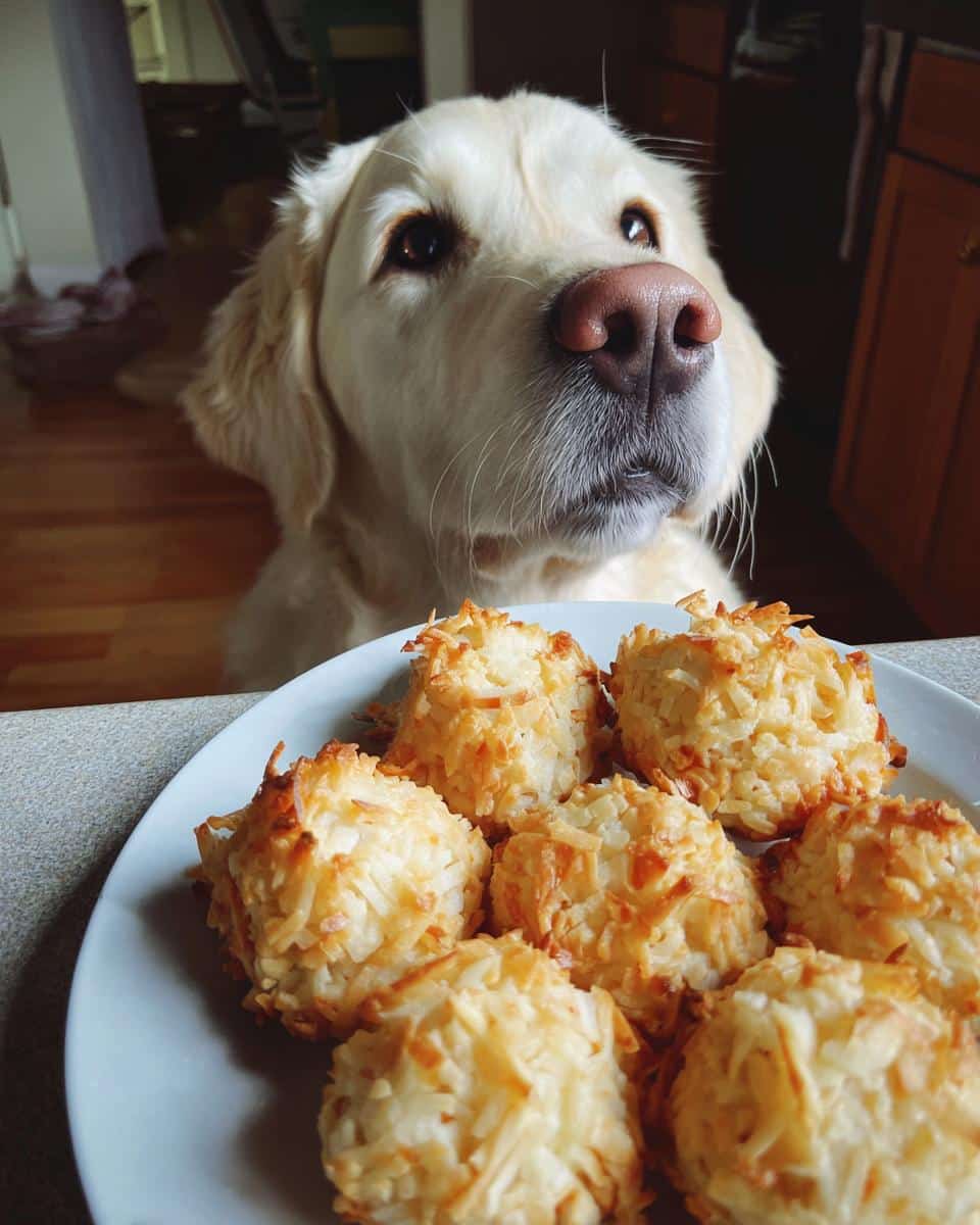 Golden retriever looking longingly at a plate of Coconut & Honey Bites – Recipe for Dogs.
