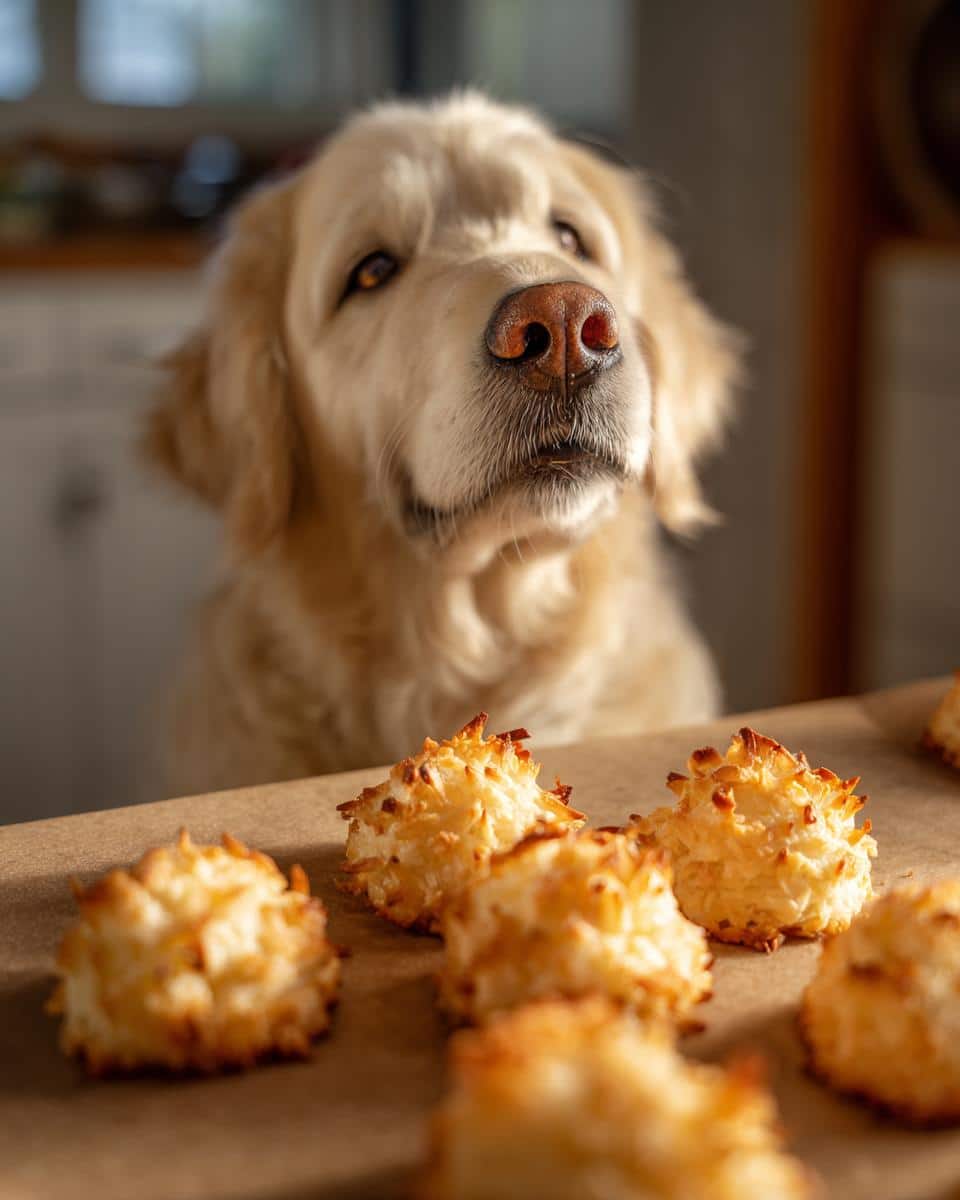 Golden Retriever looking longingly at a tray of Coconut & Honey Bites – Recipe for Dogs.