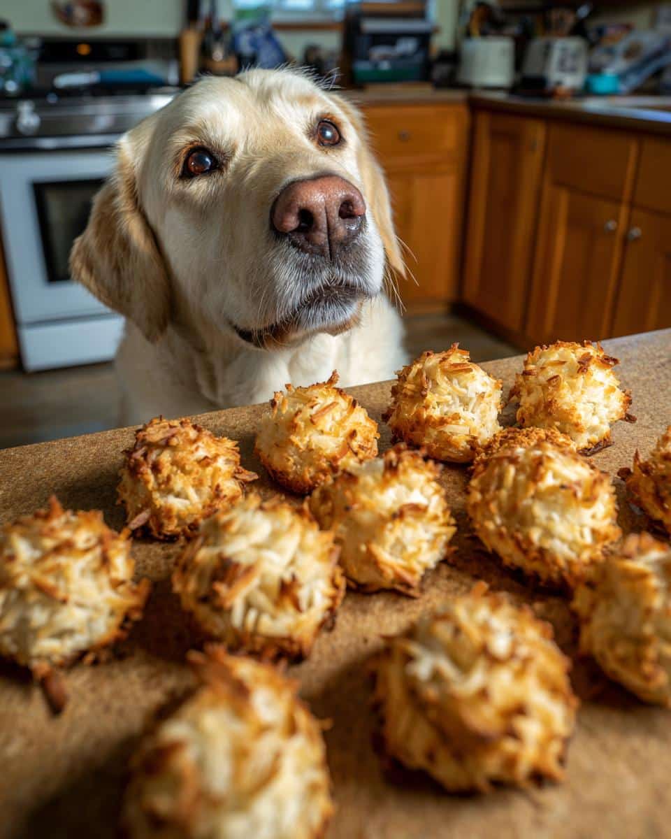 Golden retriever looking longingly at a batch of Coconut & Honey Bites – Recipe for Dogs.