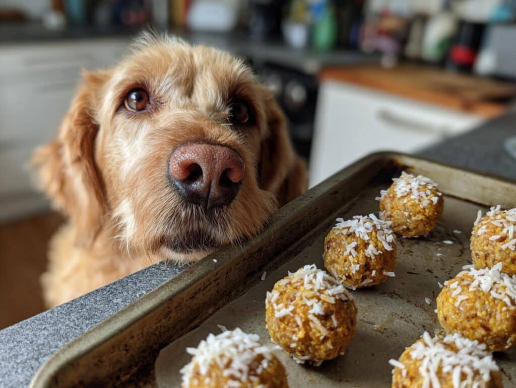 A dog longingly looks at a tray of Coconut Pumpkin Balls – Recipe for Dogs.
