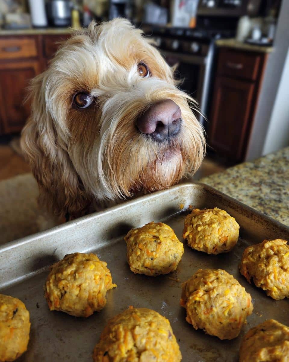 A dog gazes longingly at a tray of Coconut Pumpkin Balls, a delicious treat recipe for dogs.