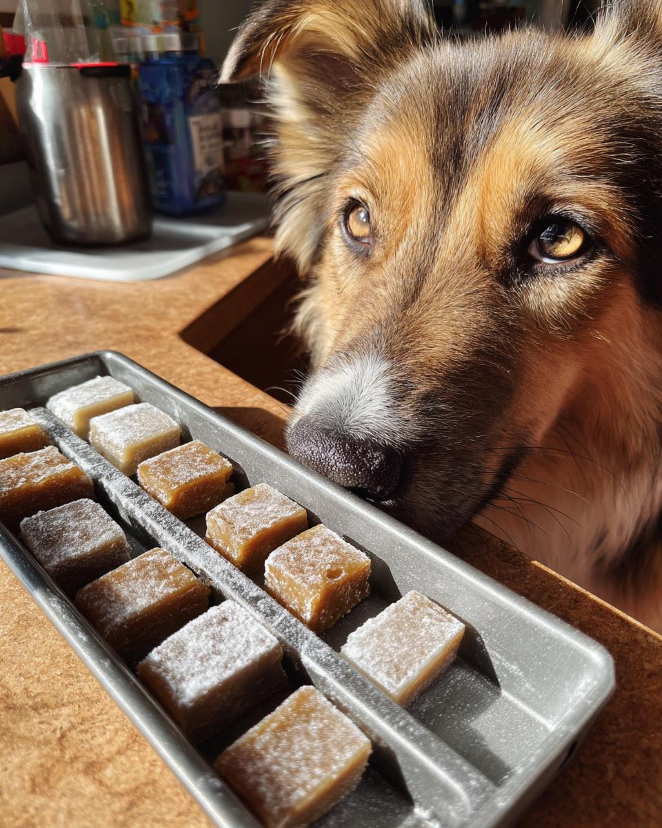 A dog intensely gazes at a tray of homemade cool, chewy treats, dusted with powder.