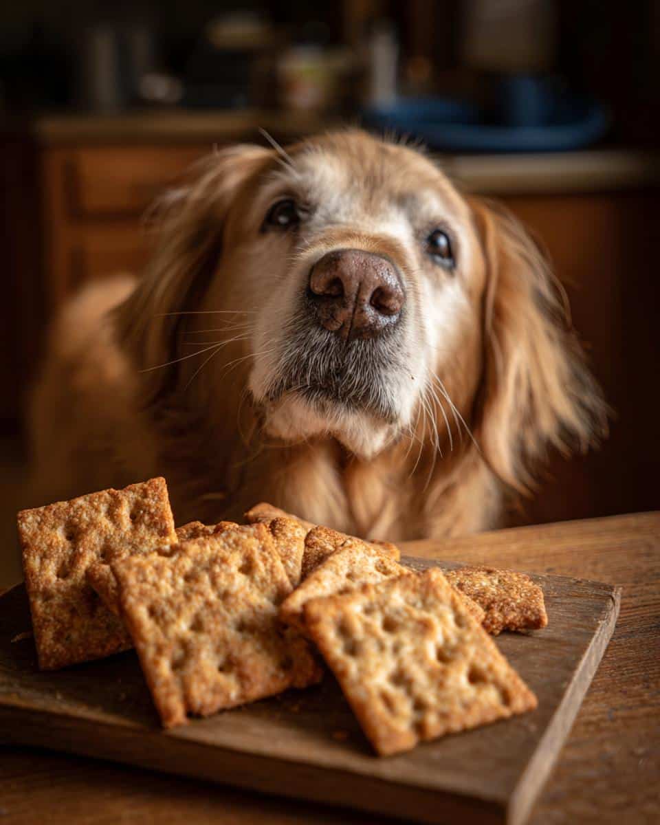 Golden retriever looking longingly at crackers on a wooden board, related to Frozen Strawberry Yogurt Pops recipe.