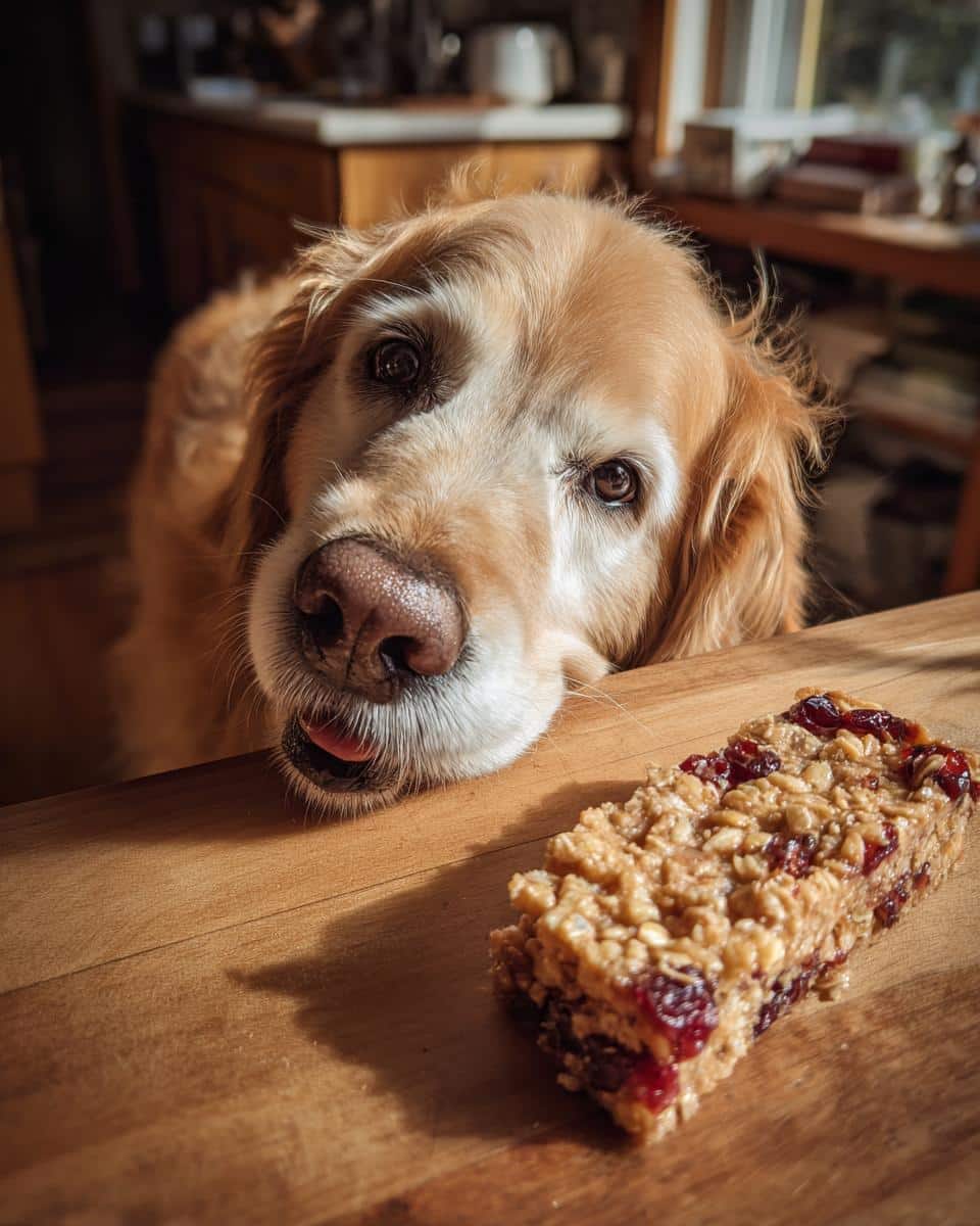 Golden retriever dog eagerly eyeing a Cranberry Oat Bar – Recipe for Dogs treat on a wooden surface.