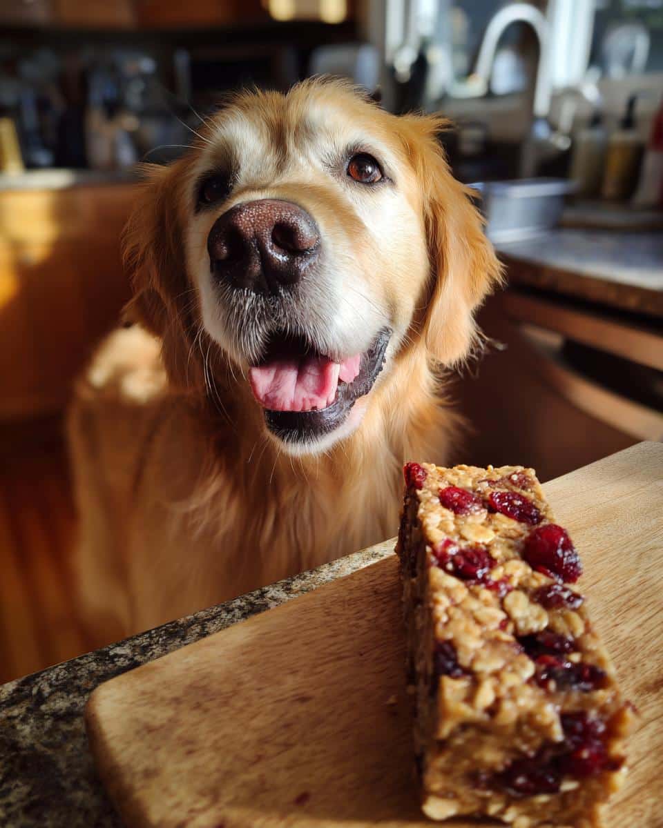 Golden retriever looking longingly at a Cranberry Oat Bar – Recipe for Dogs. The treat is on a wooden board.