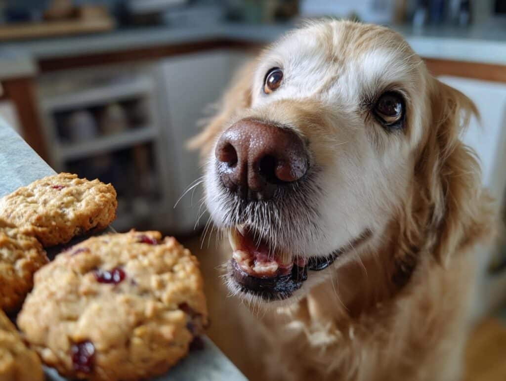Golden retriever looking longingly at a batch of Cranberry Oatmeal Biscuits made for dogs.