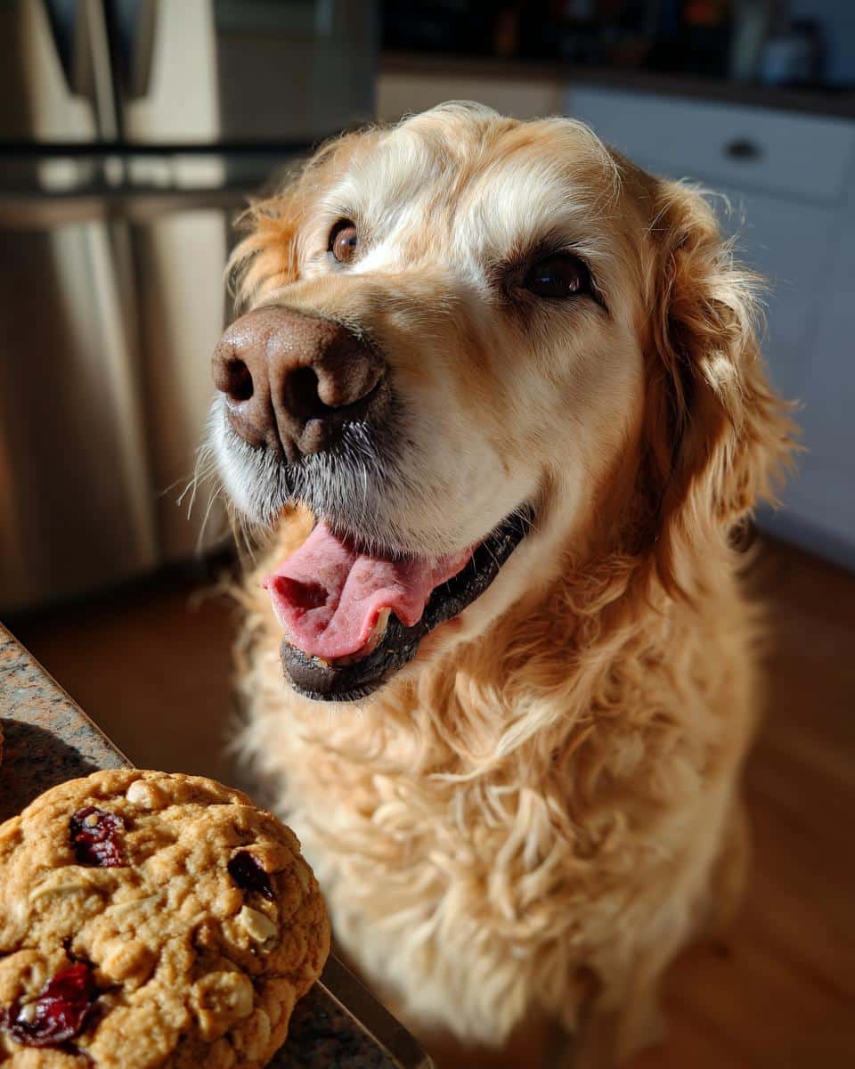 Golden retriever looking longingly at a Cranberry Oatmeal Biscuit – Recipe for Dogs.