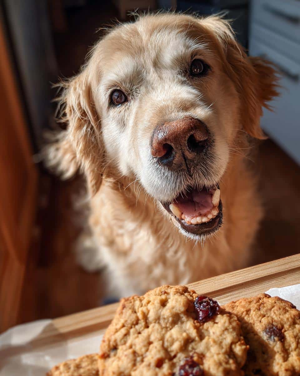 Golden retriever looking eagerly at a tray of Cranberry Oatmeal Biscuits – Recipe for Dogs.
