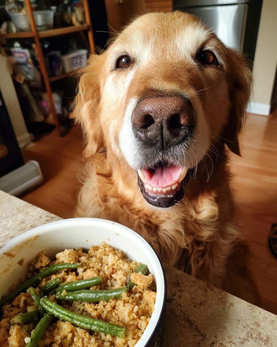 Golden retriever looking eagerly at a bowl of Crockpot Chicken & Green Beans Dog Food.