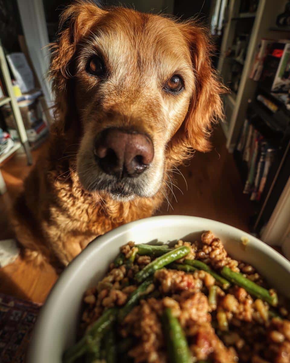 Golden retriever looking at a bowl of Crockpot Chicken & Green Beans Dog Food.