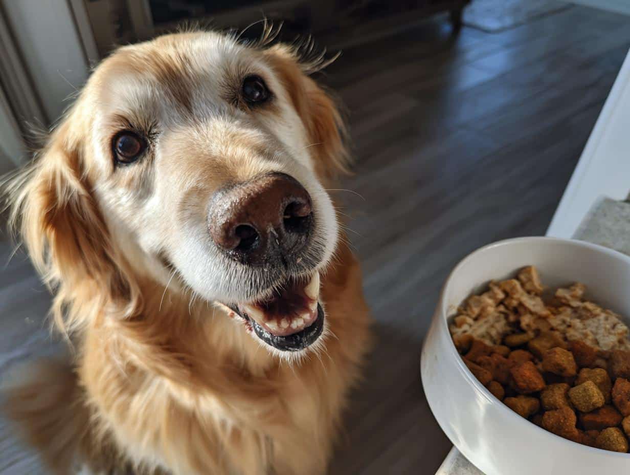 Golden Retriever dog looking eagerly at a bowl of Crockpot Chicken & Green Beans Dog Food.