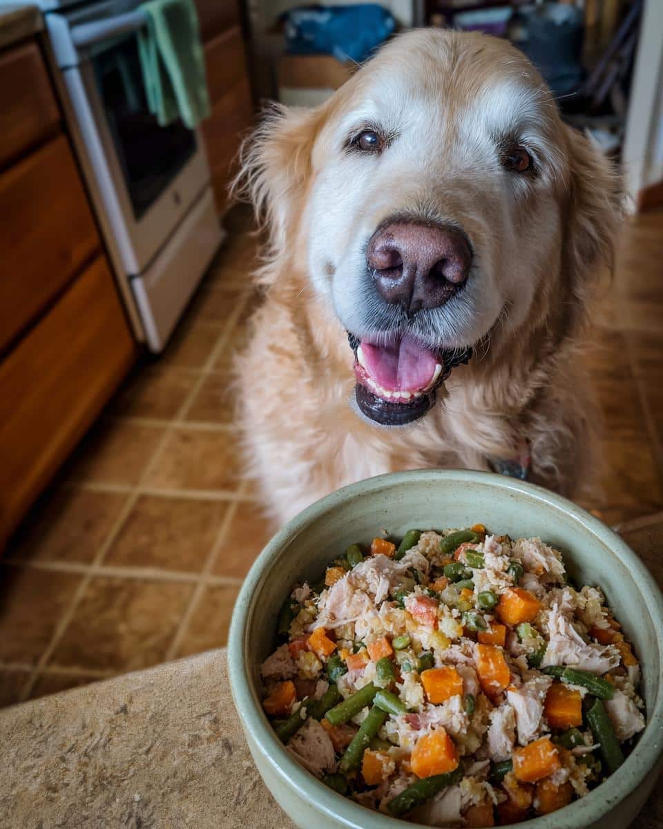 Golden Retriever dog eagerly awaits a bowl of Crockpot Chicken & Veggies Small Dog Food.