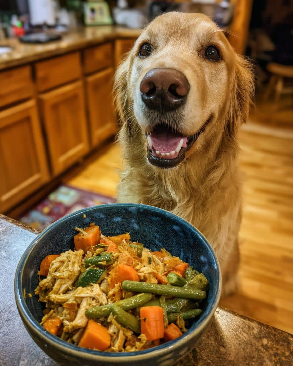 Golden retriever smiling next to a bowl of Crockpot Chicken & Veggies Small Dog Food.