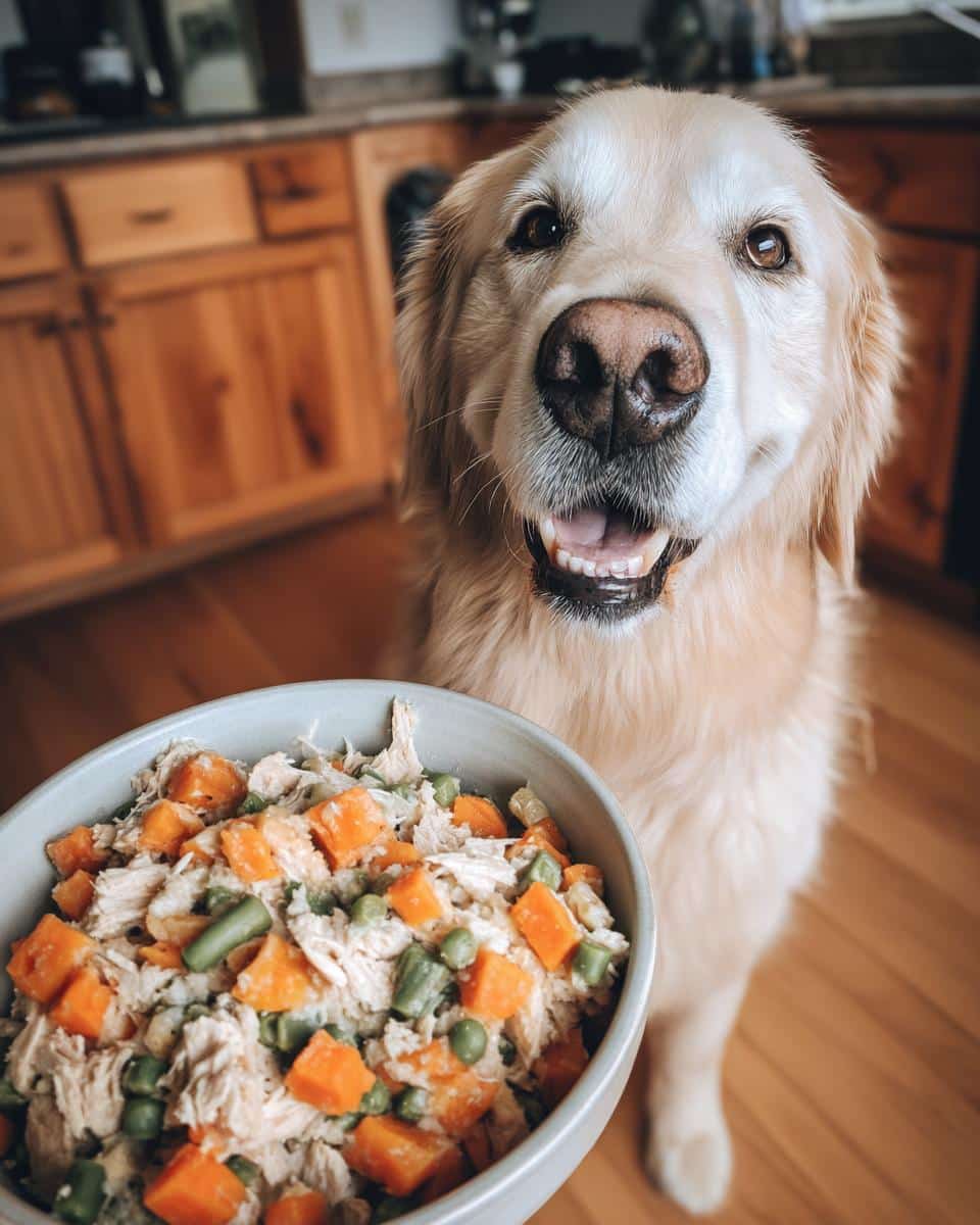 Golden Retriever dog smiles next to a bowl of Crockpot Chicken & Veggies Small Dog Food.