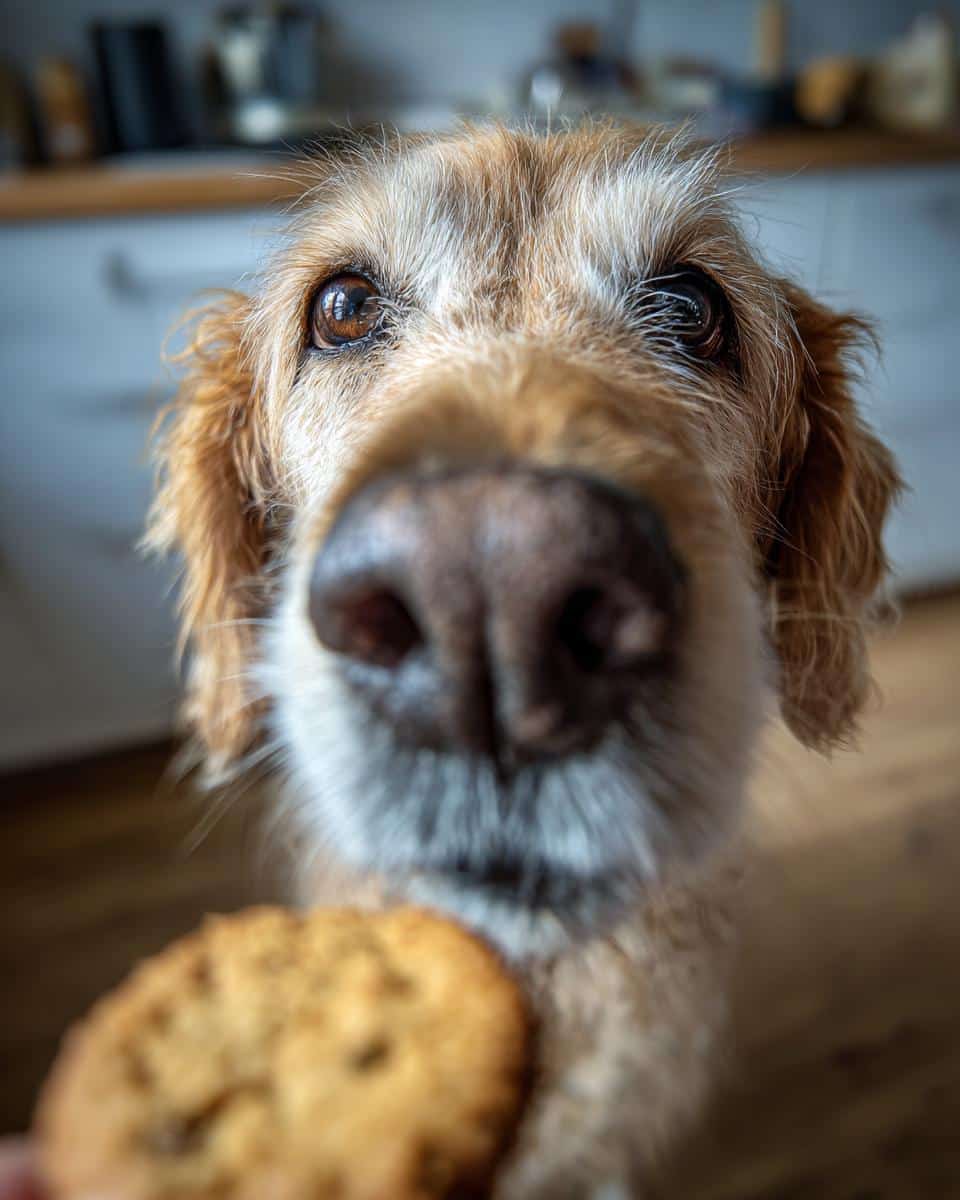 Close-up of a dog looking at a Cucumber Yogurt Dog Treats, with focus on the dog's eyes and nose.