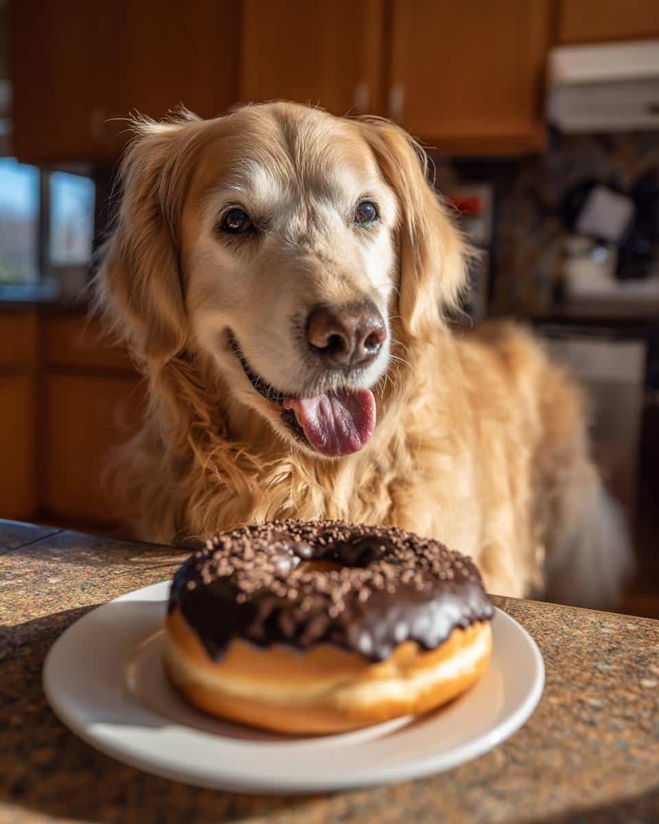 Golden retriever eagerly awaits a chocolate Dog Donuts treat. Focus on the donut and happy dog.