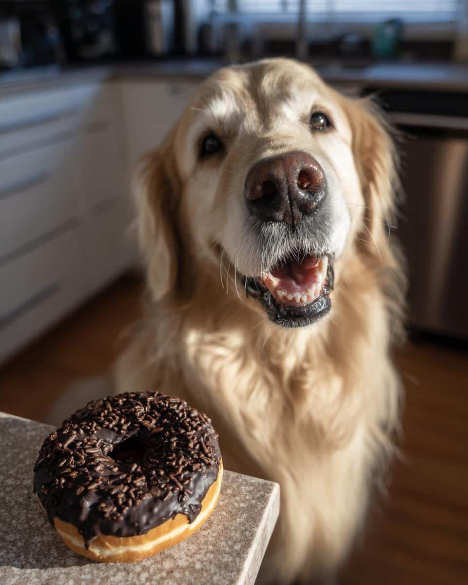 Golden Retriever looking eagerly at a chocolate donut. This is part of a Dog Donuts chocolate Recipe.