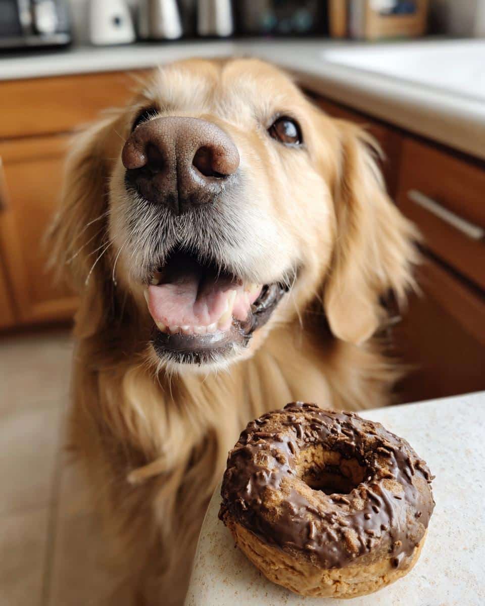 Golden Retriever eagerly awaits a chocolate Dog Donuts treat. Recipe for happy pups!