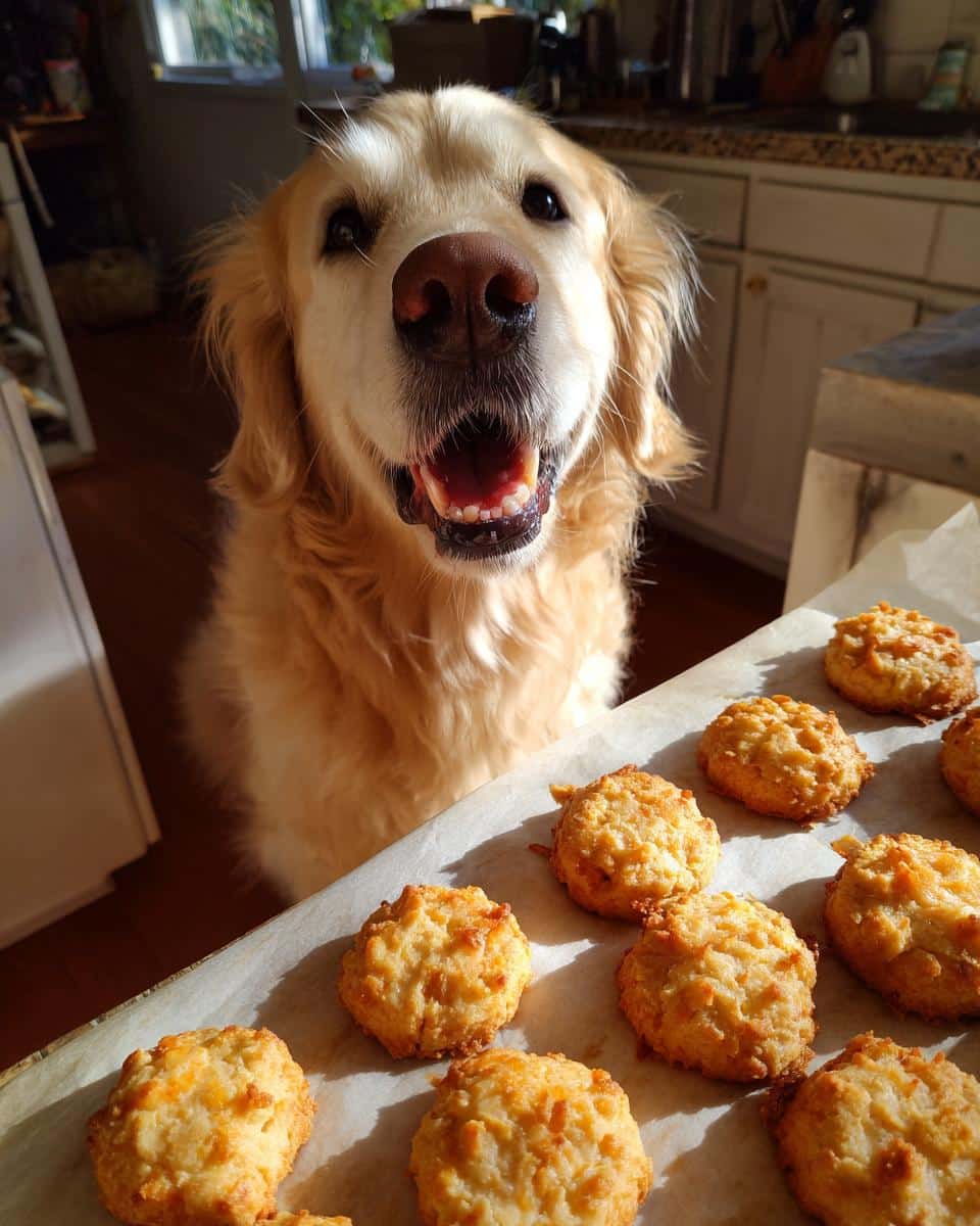 Golden Retriever dog looks longingly at a tray of freshly baked Duck & Oat Biscuits.
