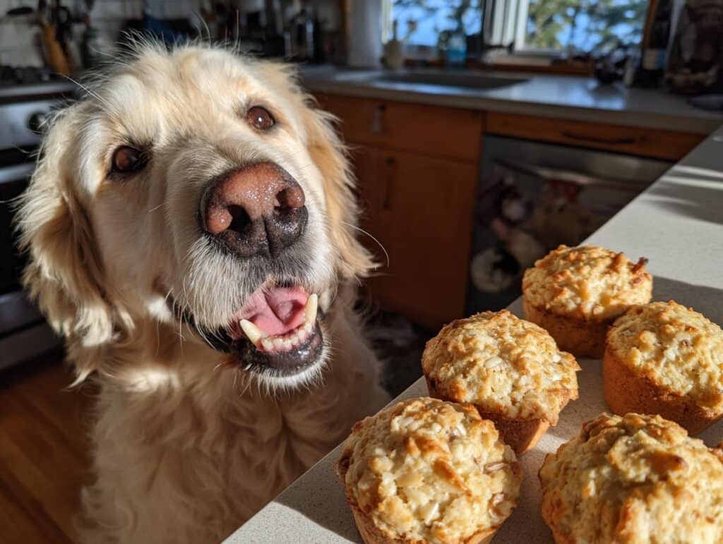 Golden Retriever dog eagerly awaits Duck & Oat Biscuits. Homemade dog treats on the counter.