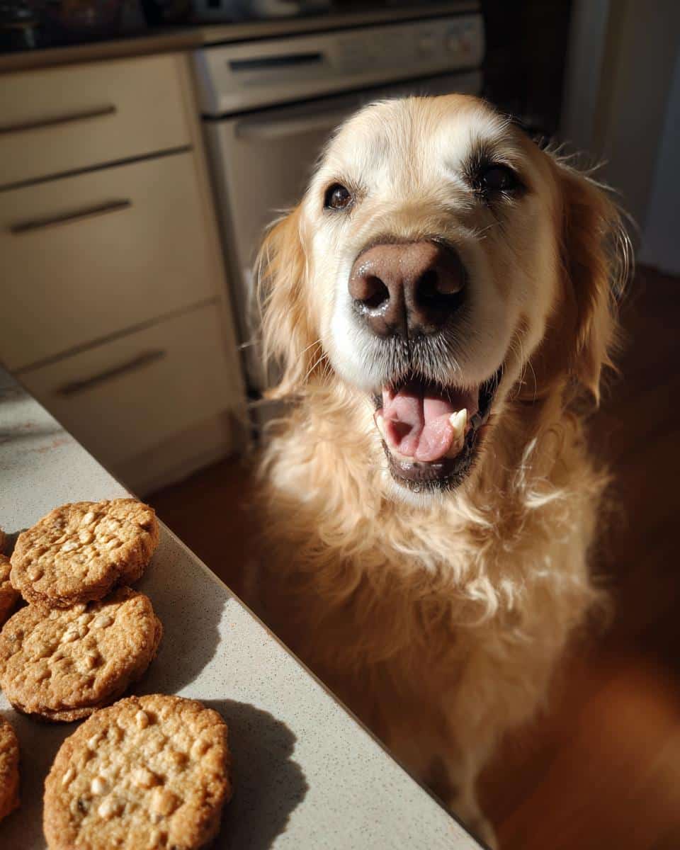 Golden Retriever excitedly looks at a batch of Duck & Oat Biscuits. Homemade dog treat recipe.