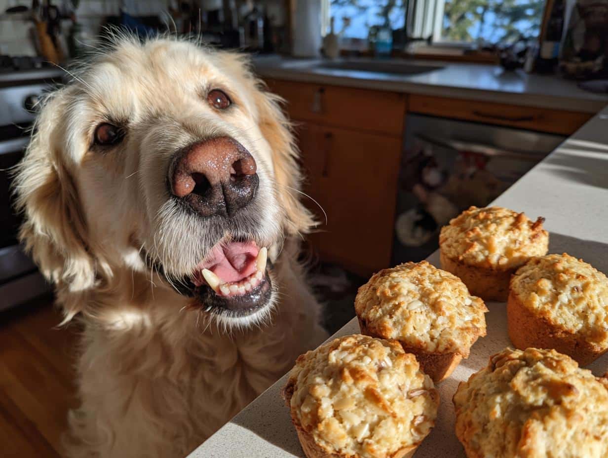 Golden Retriever dog eagerly awaits Duck & Oat Biscuits. Homemade dog treats on the counter.