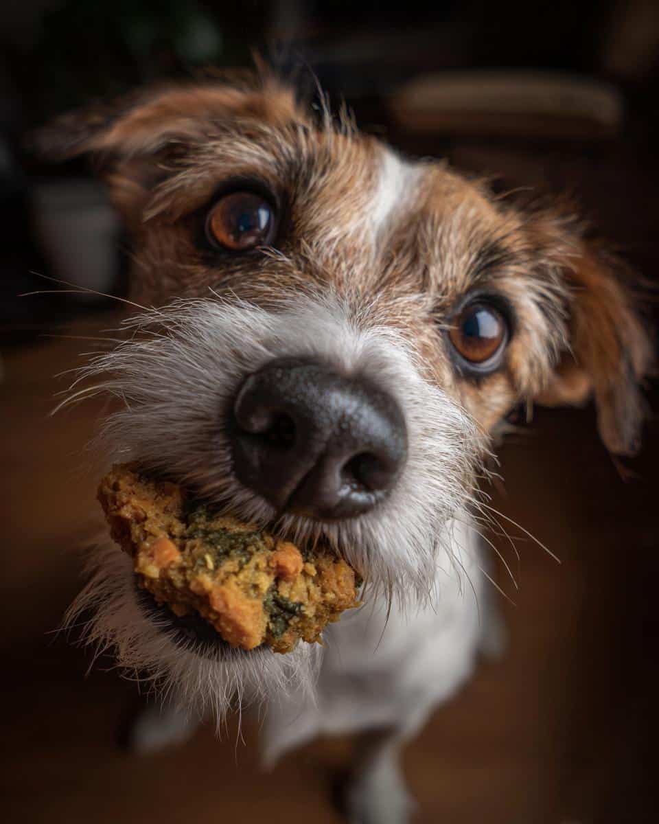 Close-up of a cute dog holding a piece of Quinoa & Spinach Dog Meal in its mouth, looking at the camera.