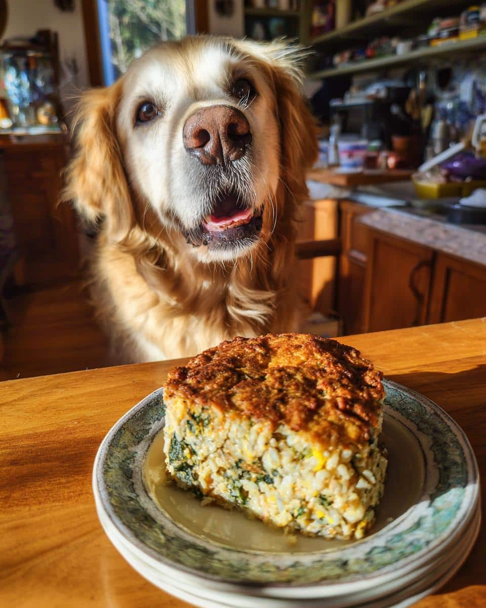 Golden retriever looking at a plate of Egg & Spinach Vet-Approved Dog Food. The dog is excited.