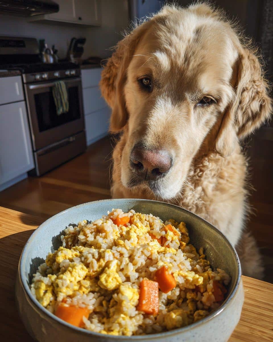 Golden retriever looking longingly at a bowl of Egg & Veggie Dog Food Recipe with eggs, rice, and carrots.