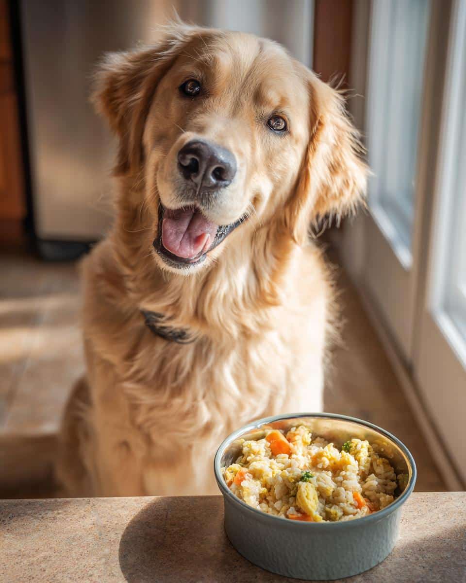 Golden Retriever eagerly awaits a bowl of Egg & Veggie Healthy Dog Recipe. A nutritious and delicious meal for your pet.