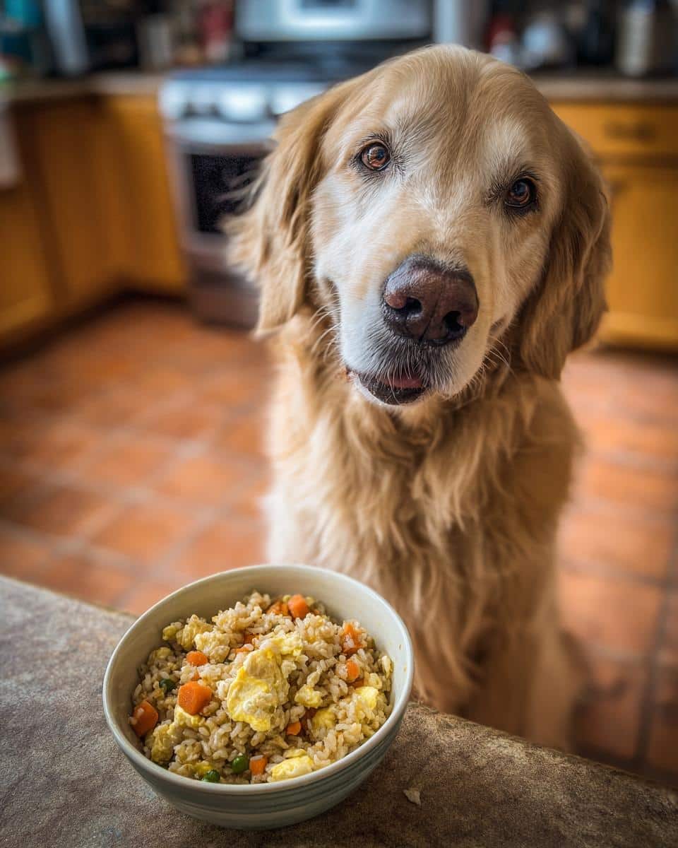 Golden Retriever dog looking at a bowl of Egg & Veggie Healthy Dog Recipe.