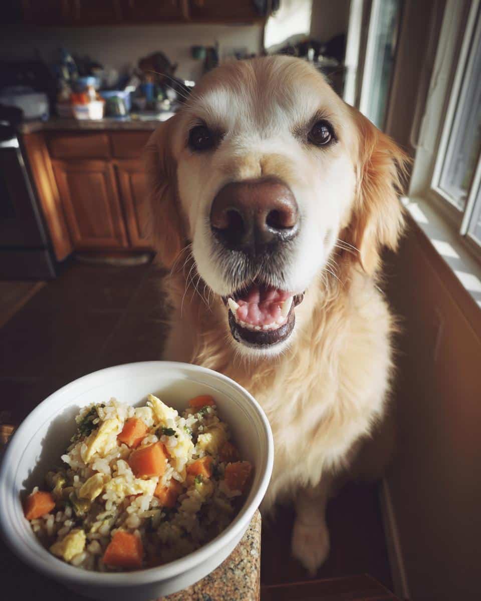 Golden retriever dog looking happily at a bowl of Egg & Veggie Healthy Dog Recipe.