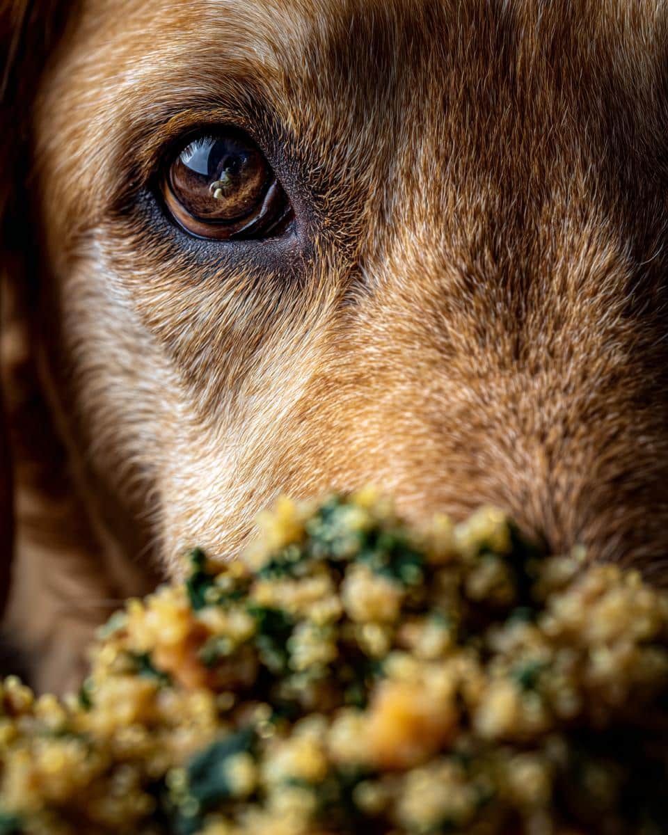 Close-up of a dog's eye looking at a bowl of Quinoa & Spinach Dog Meal.