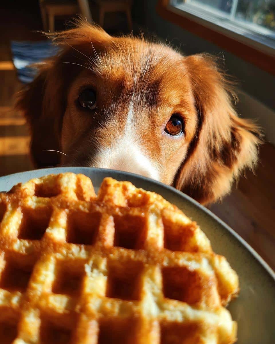 A dog gazes longingly at a plate of Homemade Dog Waffles. Focus on the dog's face and the waffle.