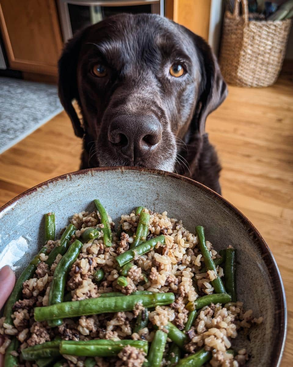 A chocolate lab eagerly eyes a bowl of Turkey & Green Beans Large Dog Recipe.