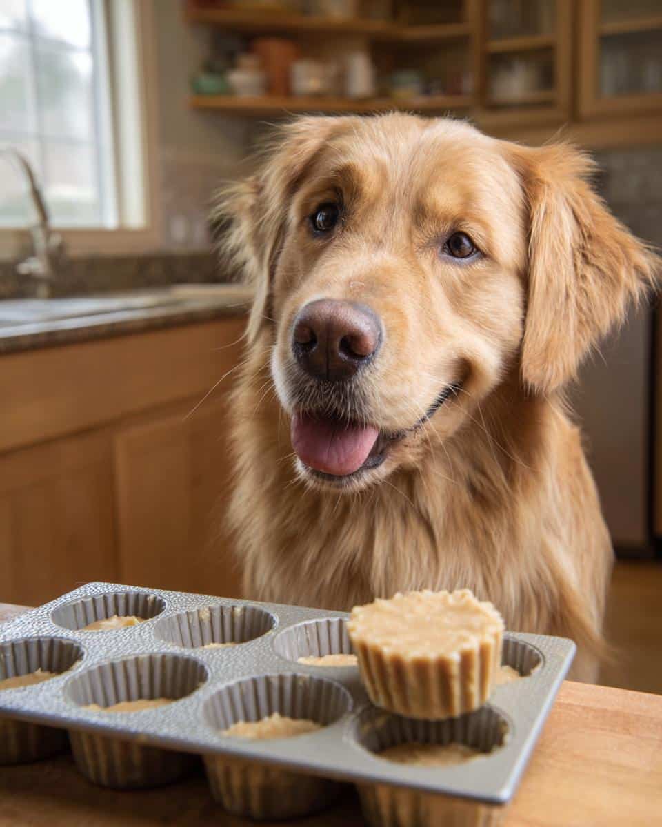 Golden retriever looking at Frozen Banana Peanut Butter Bites in a muffin tin, ready for a treat!