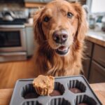 A golden retriever looks longingly at a tray of Frozen Banana Peanut Butter Bites.