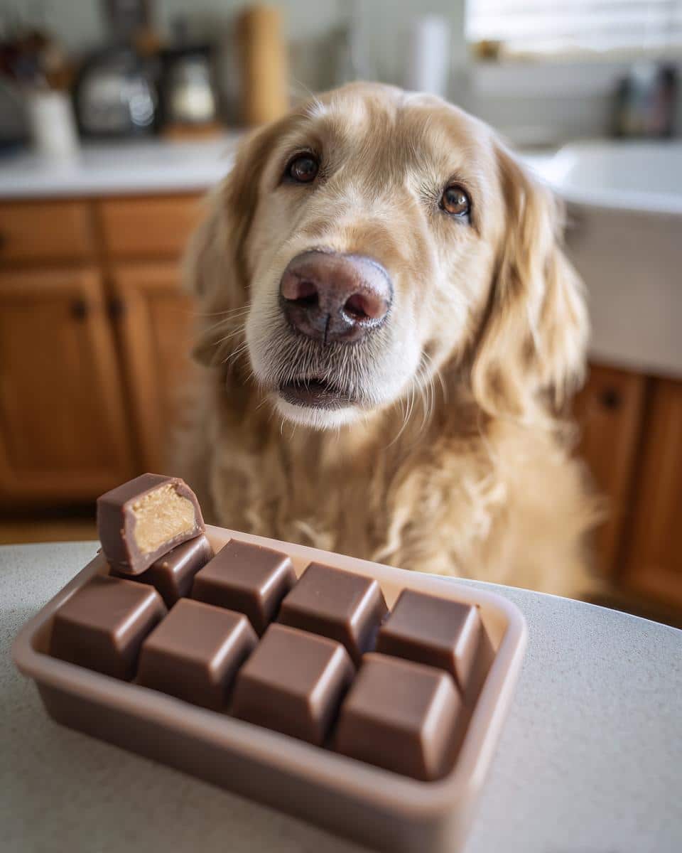 Golden retriever looking longingly at a tray of Frozen Banana Peanut Butter Bites – Recipe for Dogs.