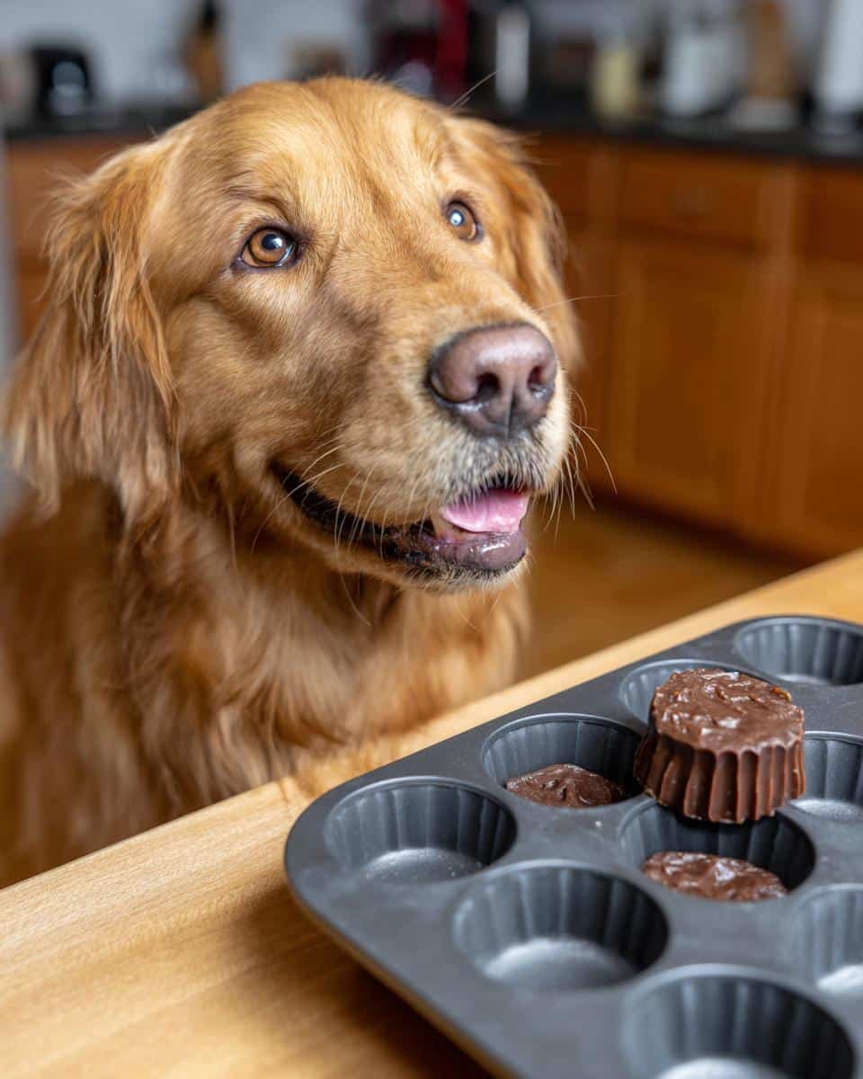 Golden retriever looking at a muffin tin with Frozen Banana Peanut Butter Bites.