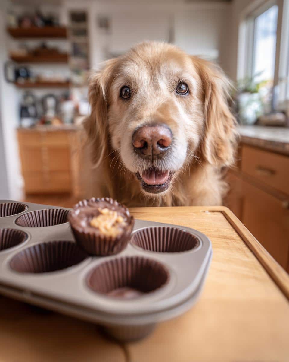 Golden retriever looking at a muffin tin with one Frozen Banana Peanut Butter Bite – Recipe for Dogs in it.