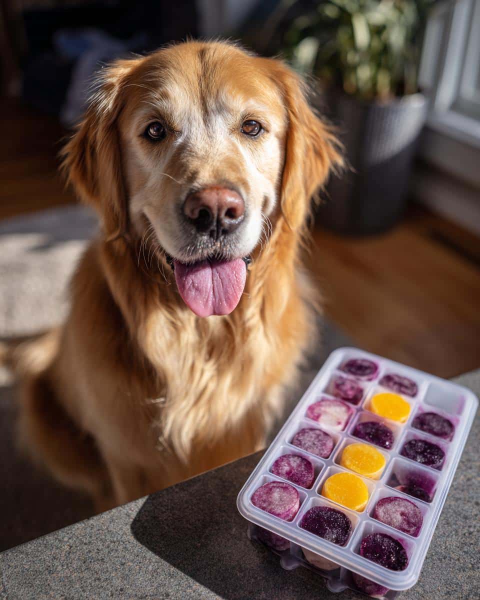 Golden Retriever dog sits next to a tray of Frozen Blueberry Banana Cubes โ Recipe for Dogs.