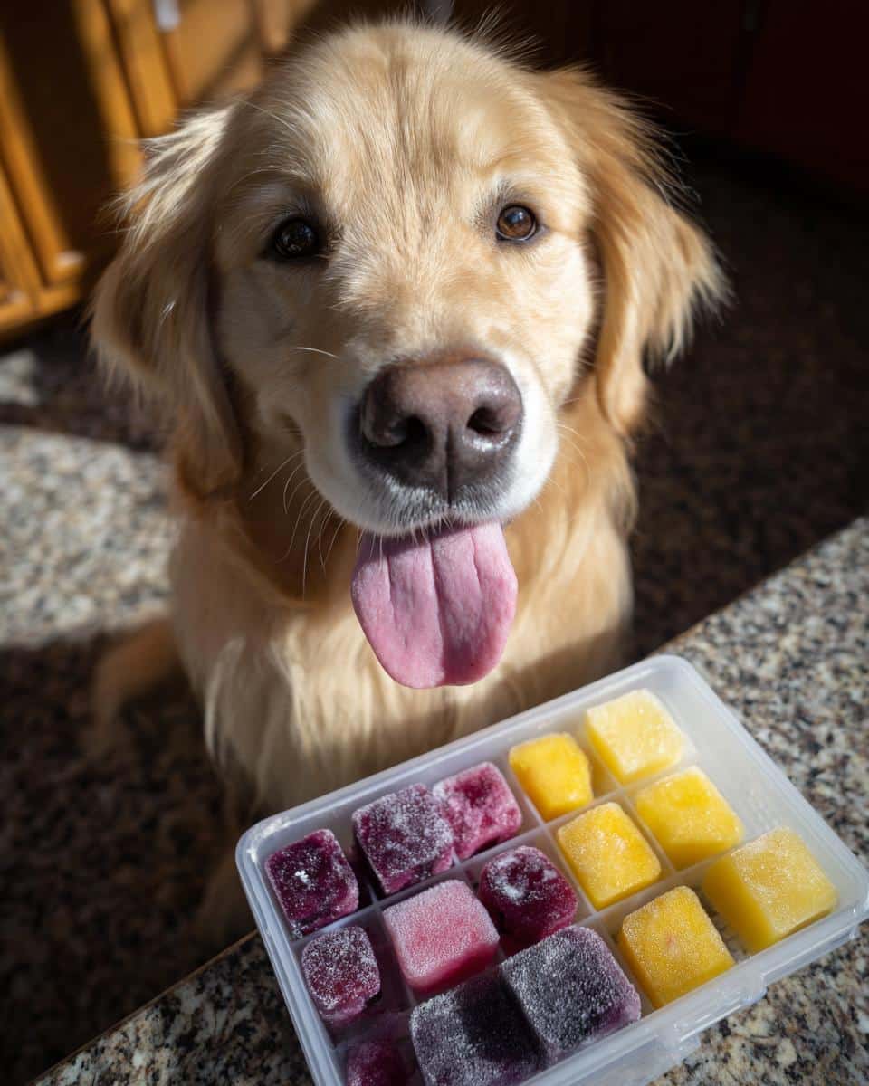 Golden retriever looking at the camera next to a container of Frozen Blueberry Banana Cubes.