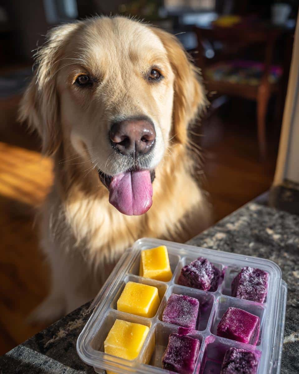 Golden retriever looking at Frozen Blueberry Banana Cubes. Dog treat recipe.