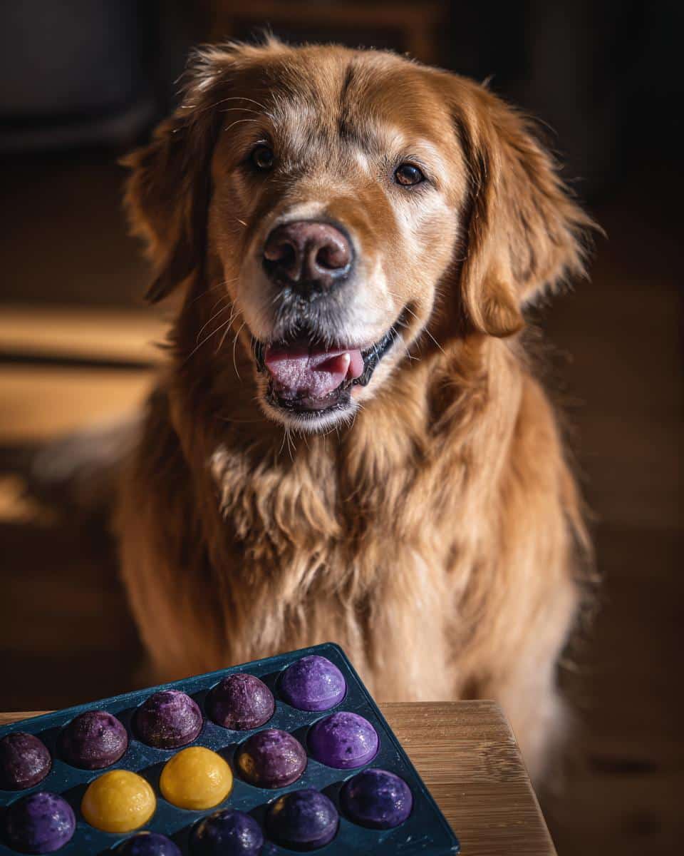 Golden Retriever dog looking at a tray of Frozen Blueberry Banana Cubes โ Recipe for Dogs.