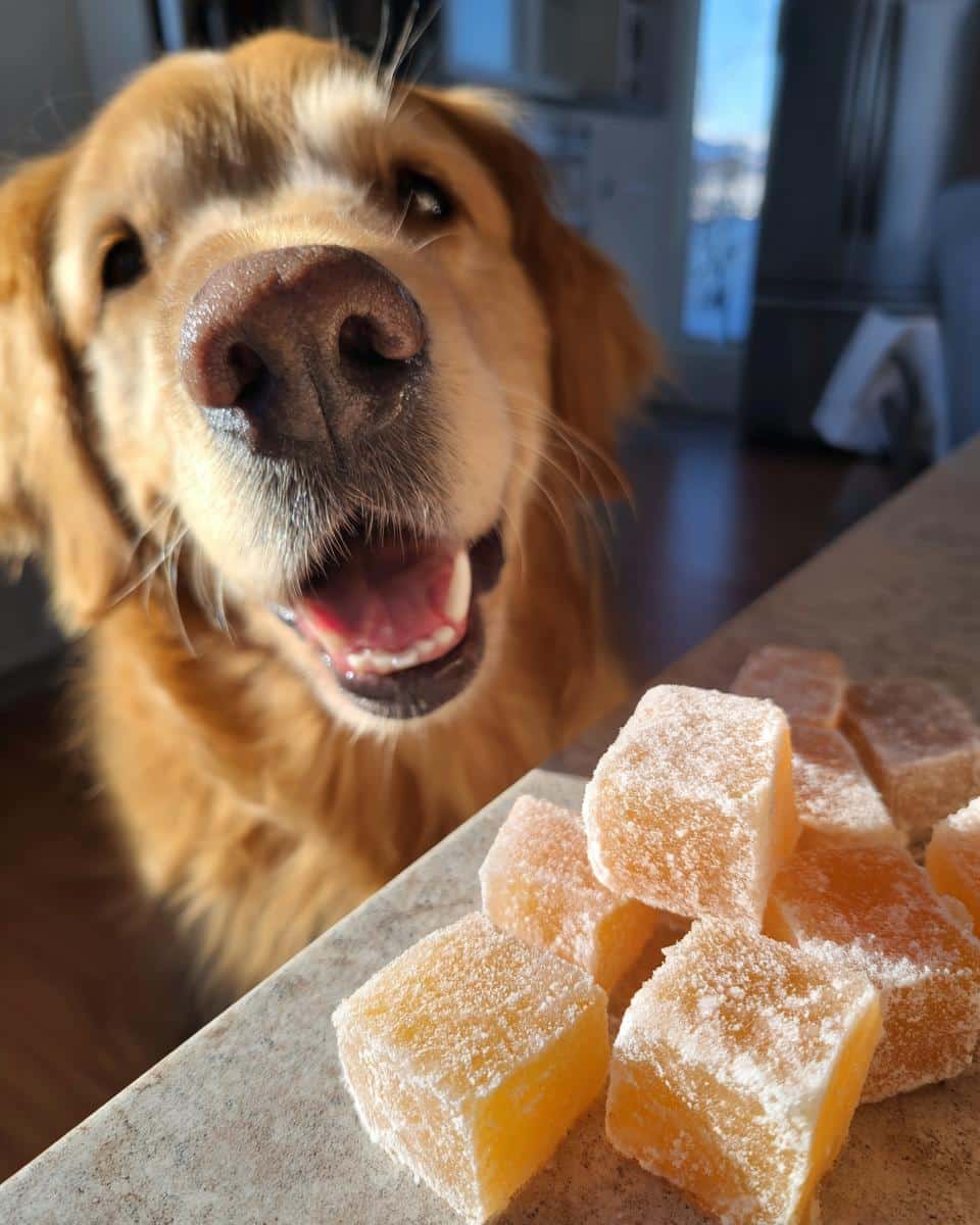 A golden retriever looks eagerly at a pile of Frozen Carrot & Apple Cubes, treats for dogs.