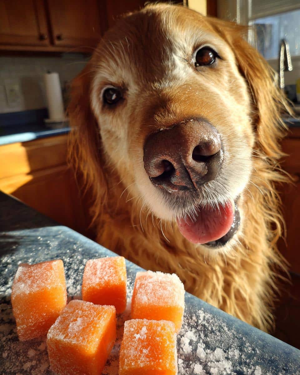 Golden retriever dog looking at Frozen Carrot & Apple Cubes, a healthy treat for dogs.
